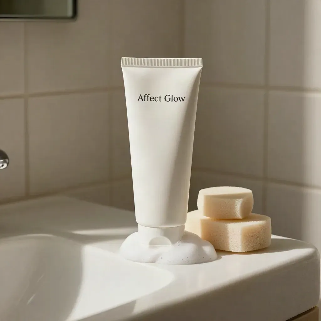 Milk foam cleanser tube with two sponges on a stone basin in a misty bathroom corner