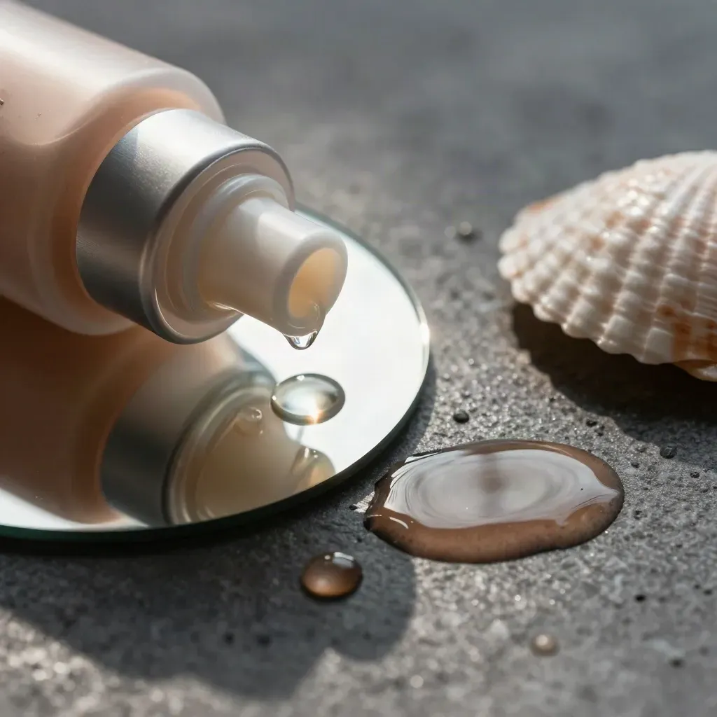 Macro primer oil bottle with droplets, mirrored disc, shell on graphite stone.