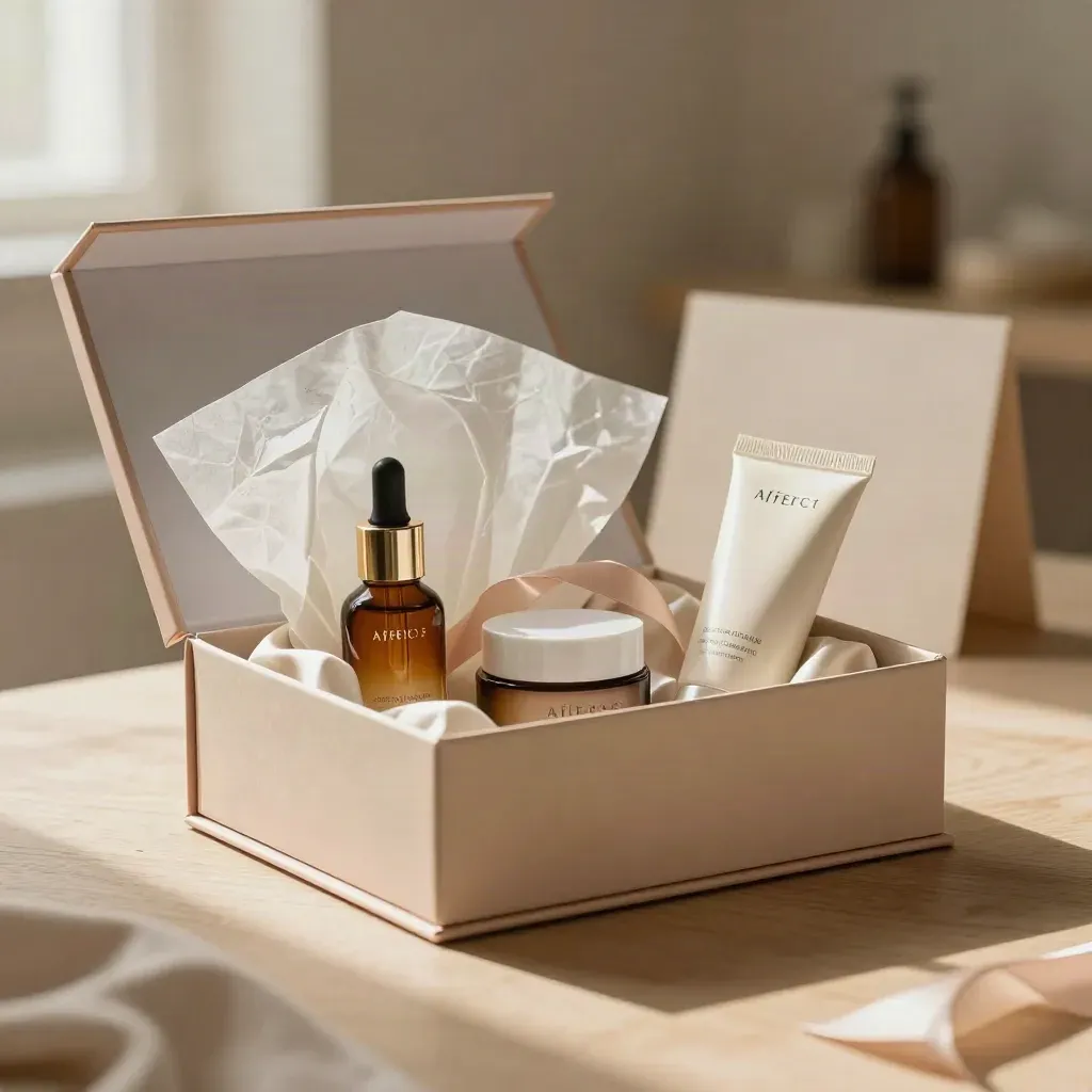 Open gift skincare set on pale wood with tissue and ribbon, softly lit and elegant.