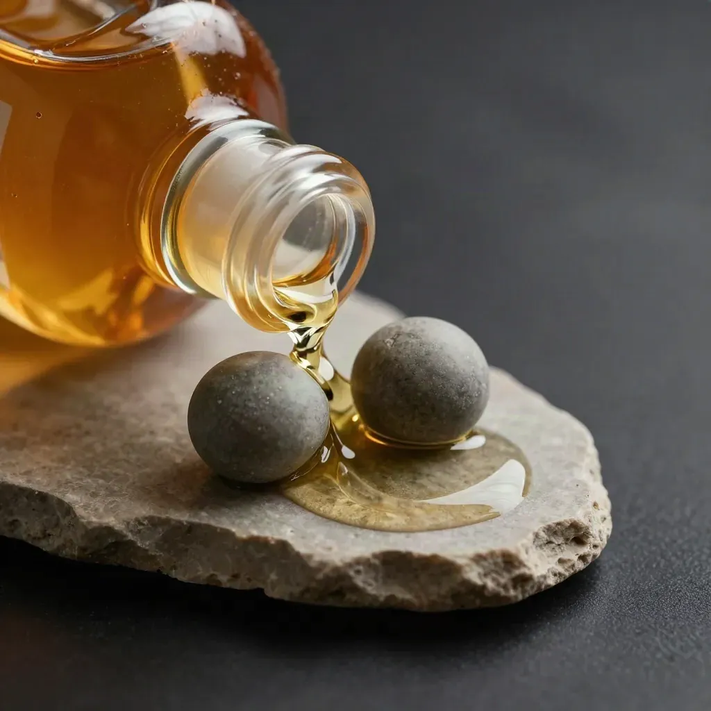 Amber primer oil bottle, glass stopper, oil crescent, and stone spheres on dark limestone.