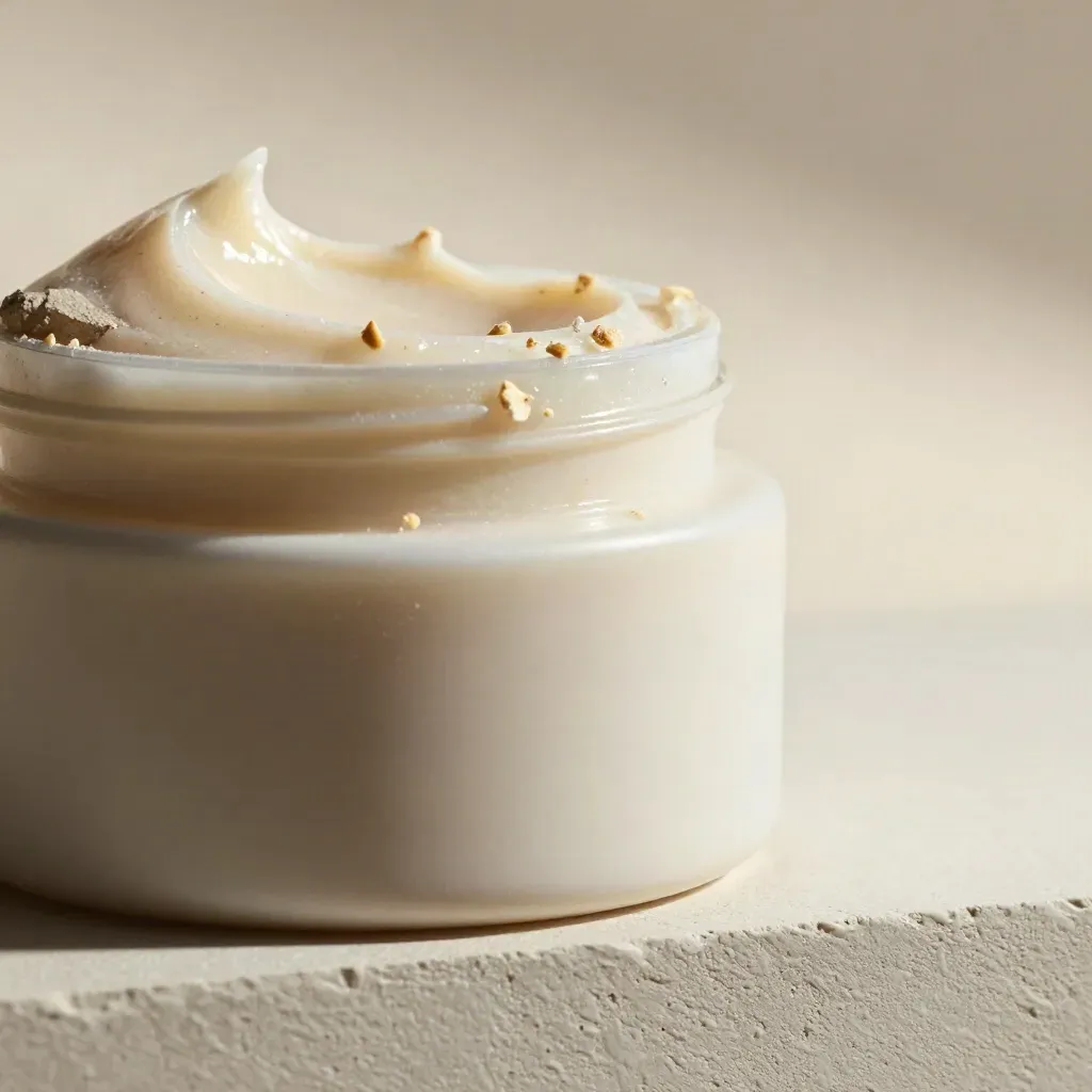 Macro side view of an unbranded exfoliating mask jar with oat flakes and a stone chip.